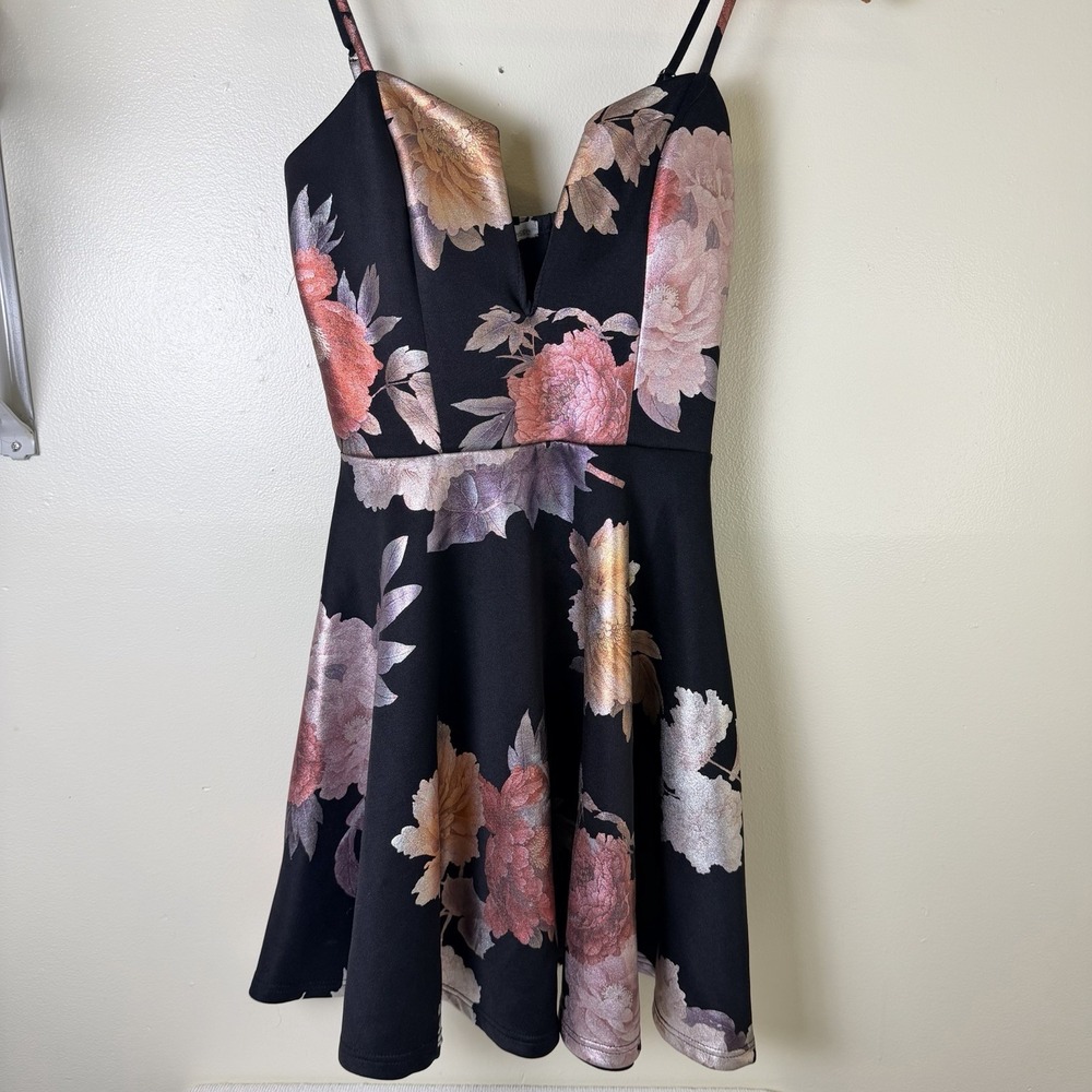 Charlotte Russe Floral Fit & Flare Mini Party A-Line Black Dress S Strappy Rare